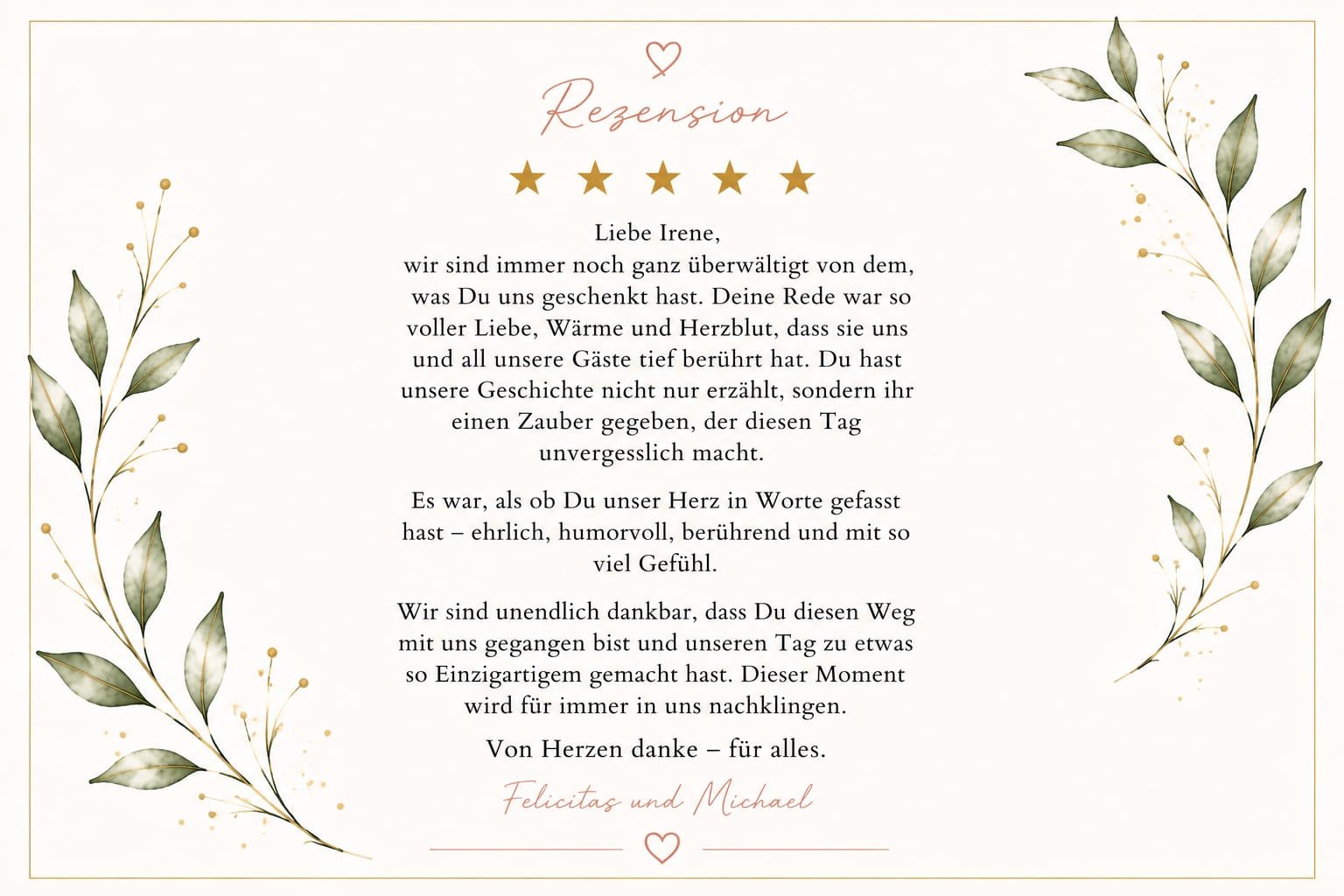 Rezension von Felicitas und Michael – 5 Sterne